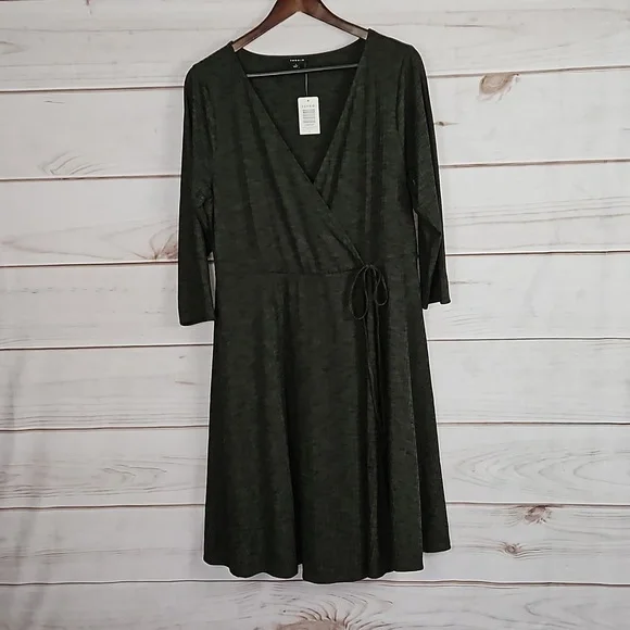 Torrid Mini Ribbed Knit Faux Wrap Olive Green Dress - Size 1